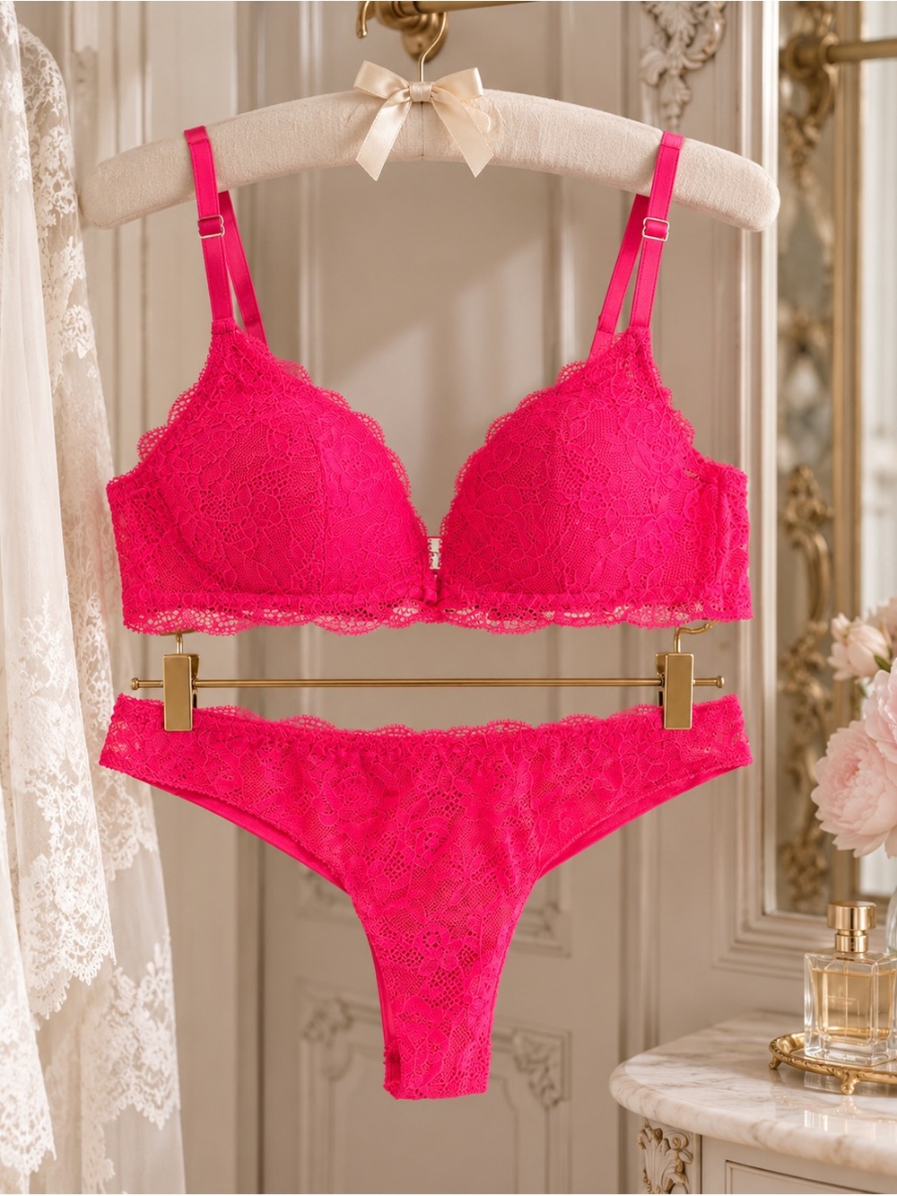 Intimissimi Lace Push-Up Bra 34B & Bikini Brief Small Set - Fuchsia Pink